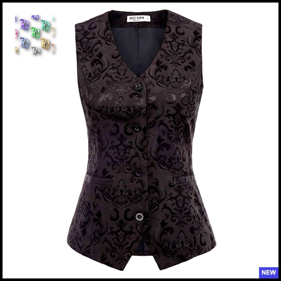 Vintage Steampunk Jacquard Waistcoat Vest Sleeveless Button Up Elegant Office